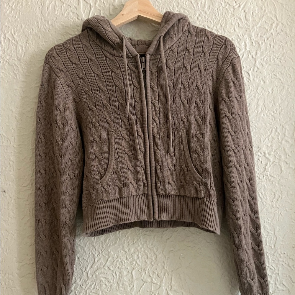 John Galt Cropped Cable Knit Zip Hoodie